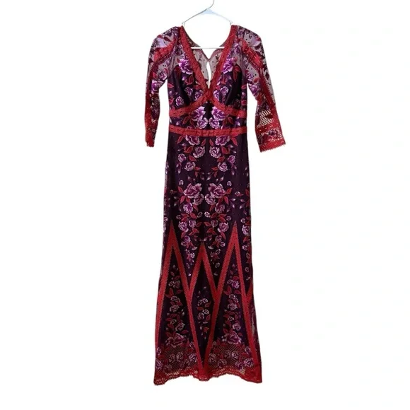 MARCHESA NOTTE Floral Guipure Lace Maxi Dress Gown Wine Sz 2